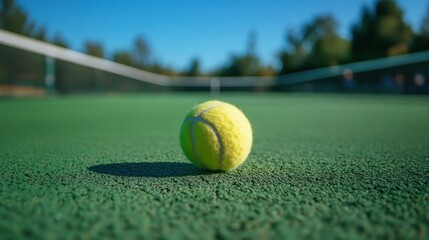 A close-up of a tennis ball on a court, showcasing vibrant colors and texture.