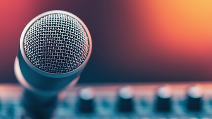 Close-up of microphone, vibrant background, ideal for audio-related themes.