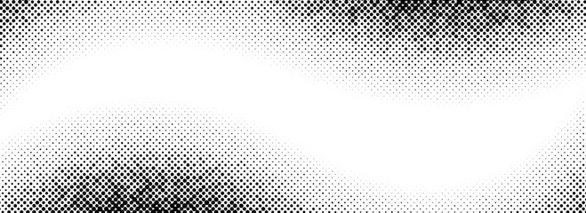 Poster - Halftone wavy grunge background. Faded grain gritty textured wallpaper. Black white comic noise grit surface. Pixelated speckles, dots and particles overlay. Aged dirty sand backdrop cover. Vector