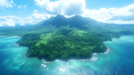 Lush green island with a mountain peak surrounded by turquoise blue water and white clouds.