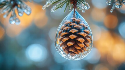 A glass ornament with a pine cone inside is hanging from a tree branch. The glass is frosted, giving it a clear and delicate appearance. Concept of tranquility and natural beauty