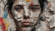 © ream - Portrait of a person with fragmented facial features made from newspaper clippings, acrylic paint strokes, and digital effects, creating a layered, thought-provoking composition.