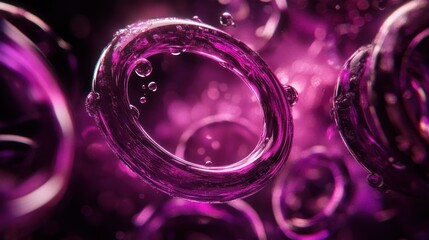 Wall Mural - abstract depiction of translucent rings with bubbles in a vibrant purple background.
