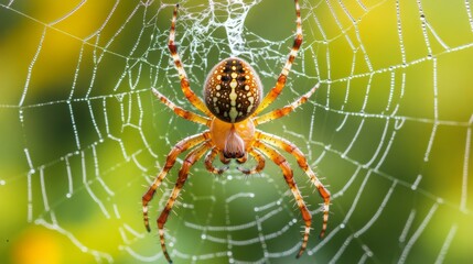 Poster - Spider in Web with Dew Drops Glimmering in Sunlight