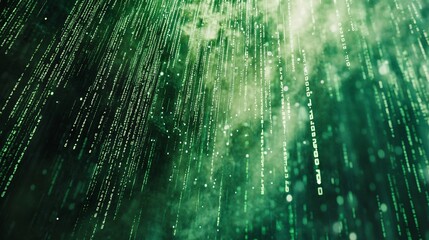 Abstract green digital background with white code cascading down.
