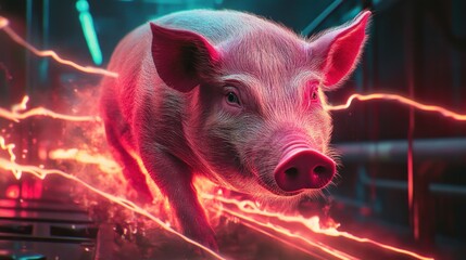 Wall Mural - a stylized pig running with dynamic neon effects, suggesting energy and movement.