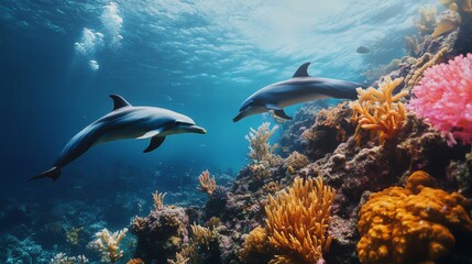 Poster - Dolphins Swimming Among Colorful Coral Reefs
