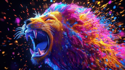 Wall Mural - a vibrant, stylized depiction of a roaring lion with colorful splashes.