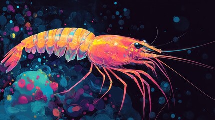 Wall Mural - a vibrant, stylized illustration of a shrimp against a colorful, abstract background.