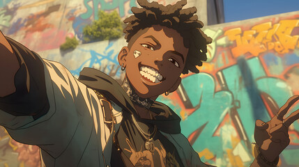 Canvas Print - young black african boy anime character rapper style