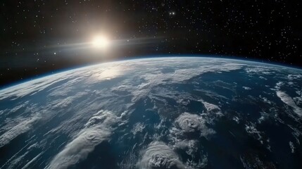 A cinematic Earth shot showing detailed cloud formations over continents and oceans, framed by the deep, starry void of space,