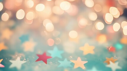 Poster - Bright star shapes in various colors shine against a gentle backdrop, creating a whimsical atmosphere with sparkling bokeh lights