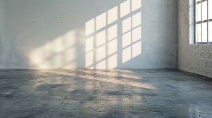 Poster - This photography studio is empty, showcasing a well-lit space equipped with lighting gear and dynamic shadows from large windows