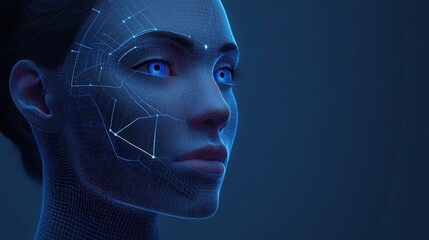 Poster - A futuristic AI-based facial recognition system analyzing intricate facial features in real-time, providing instant identity verification for secure access control and personalized interactions