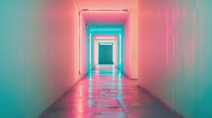 Poster - Neon lights transform a sleek corridor into a captivating space, emphasizing a futuristic vibe that invites exploration