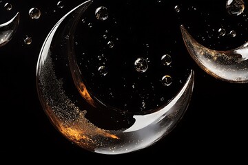 Aufkleber - Abstract crescent moons with golden glitter and bubbles on a black background.