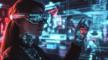 Poster - A futuristic internet communication landscape where users connect through smart glasses and neural interfaces