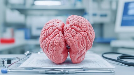 Human brain model on a lab table, isolated on a clean work surface.