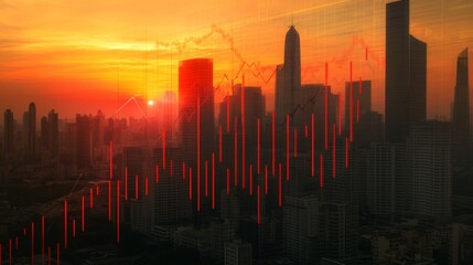 Poster - Sunset Over Cityscape with Financial Data Overlay
