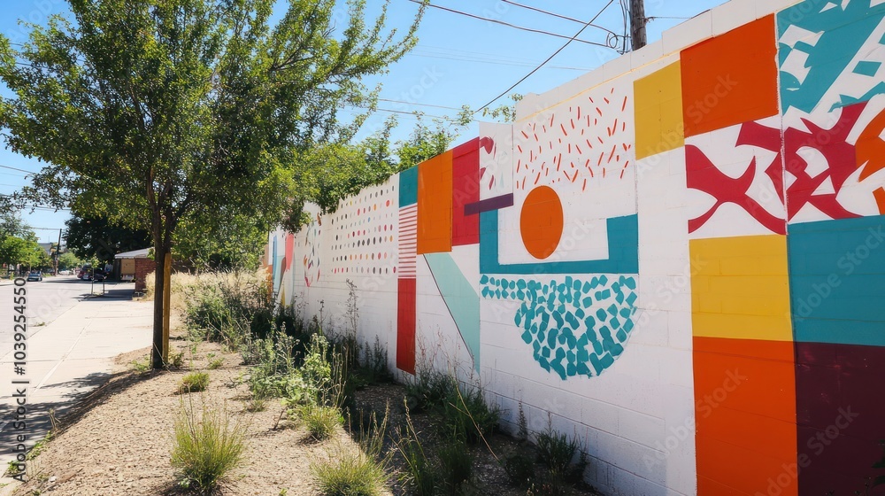 An urban mural featuring abstract designs and geometric patterns ...