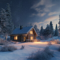 Snowy Christmas Eve night outside a charming log cabin