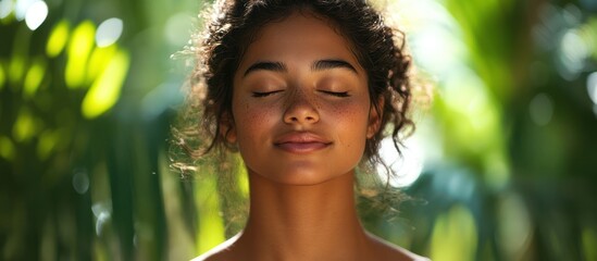 Wall Mural - Closeup of a young woman with closed eyes, relaxing in a lush green forest.