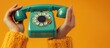 © MBRAMO - A woman's hand holds up a vintage rotary phone against a yellow background.