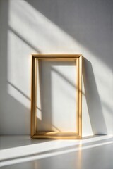 Wall Mural - Golden frame on white surface with sunlit shadows empty and inviting