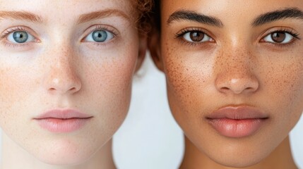 Striking Side by Side Facial Comparison of Two Diverse Women with Contrasting Skin Tones and Ethnic Features Captured in a Studio Setting Against a Clean White Background