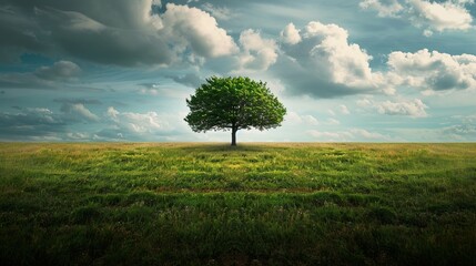 Wall Mural - Single Tree in a Green Field Under a Cloudy Sky - Nature Landscape Photography