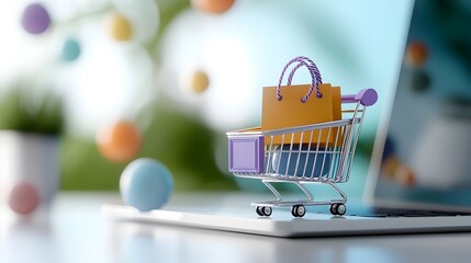 Neumorphic 3D shopping cart icon with purple gradient and pin buttons representing online shopping tools and e commerce applications