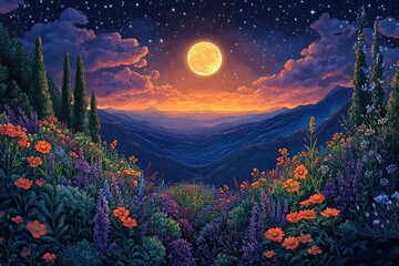 Wall Mural - landscape with mountains and moon