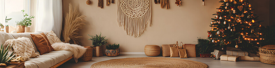 Boho-inspired living room decorated for Christmas with Christmas tree, macrame wall hanging, cozy pillows, and natural woven accents, warm festive interior design.