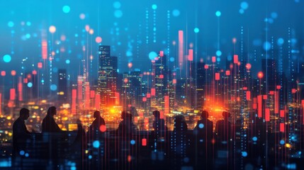 Poster - Silhouettes of People Looking at a Cityscape with Technology Overlay