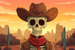 © Noufaldi - A cartoon skeleton cowboy stands in a desert landscape at sunset, embodying a playful western theme.