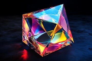 Poster - A colorful, iridescent, faceted, geometric glass crystal with sharp edges and a glossy surface, casting colorful reflections on a dark background.