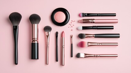 Poster - Beauty Essentials. Makeup and Brushes on a Pink Canvas