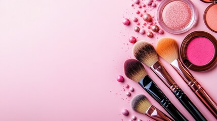 Poster - Beauty Essentials. Makeup and Brushes on a Pink Canvas