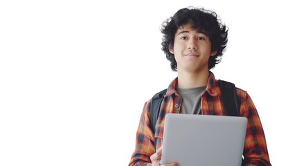 Poster - portrait of a young man holding a laptop isolated on transparent background, junior software enginee