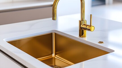 A modern farmhouse kitchen sink, paired with a vintage-style sleek brass faucet, contrasting with minimalist design, clear copy space on the countertop