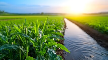 Lush verdant rural landscape showcasing a modern advanced irrigation system that efficiently waters the thriving flourishing crops and vegetation in the scenic countryside fields