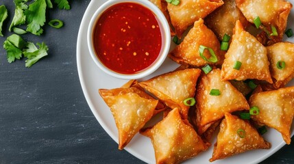 Close up top view of crispy fried Asian wontons or dumplings served with a vibrant dipping sauce on a rustic wooden table