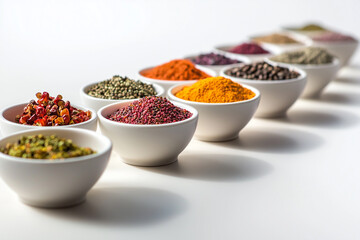 A light kitchen scene with small bowls of various colorful spices laid out in a row. Bright, cheerful tones with a white background