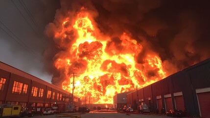 Dramatic scene of a burning warehouse with fiery flames shooting up casting an intense glow and illuminating the surrounding city streets and urban environment