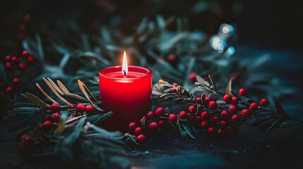 A lit red candle surrounded by festive greenery and red berries creates a warm, inviting holiday atmosphere.