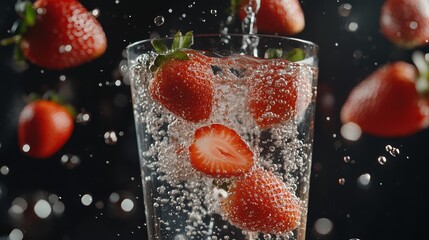 Close-up shot of strawberries falling into a glass of sparkling water, bubbles forming around the fruit as it splashes. The background is dark, vibrant red color strawberries and dynamic movement.