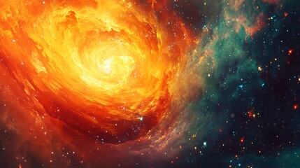 Wall Mural - Cosmic swirl of orange and green nebula with bright stars and galaxies.