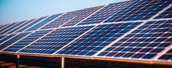 Solar panels installed in a sustainable energy farm under clear blue sky.