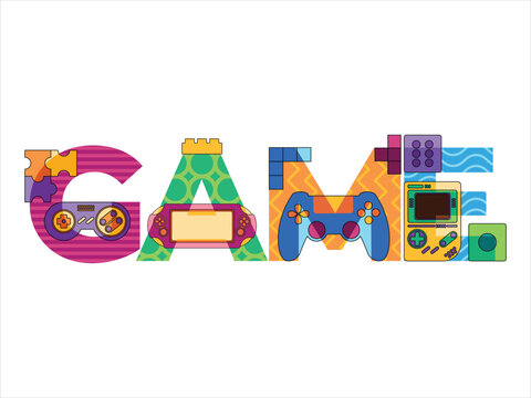 Game concept font editable gaming cyber future controller joystick element typographic colorful design set