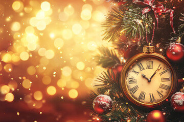 Poster - Clock on Christmas tree with snow, a festive scene.